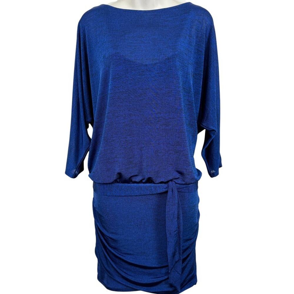 White House Black Market Liquid Knit Stretch Blouson Drop Waist Blue Dress sz M